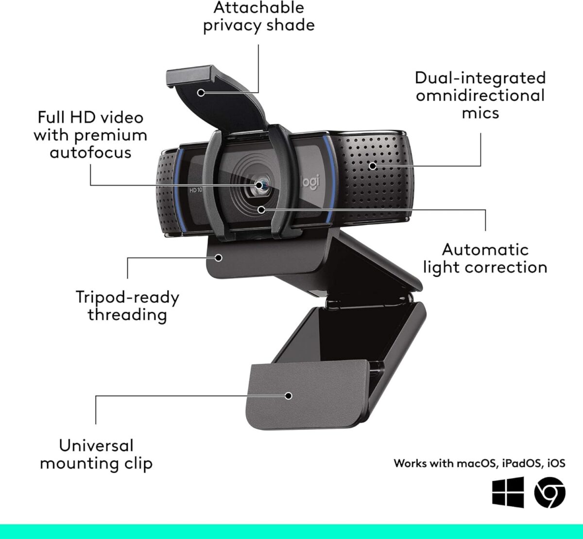 Logitech C920e HD 1080p Mic-Enabled Webcam, certified for Zoom, Microsoft Teams compatible, TAA Compliant - Image 8