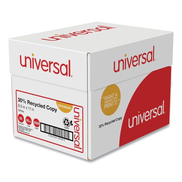 Universal 30% Recycled Copy Paper, 92 Bright, 20 lb Bond Weight, 8.5 x 11, White, 500 Sheets/Ream, 5 Reams/Carton
