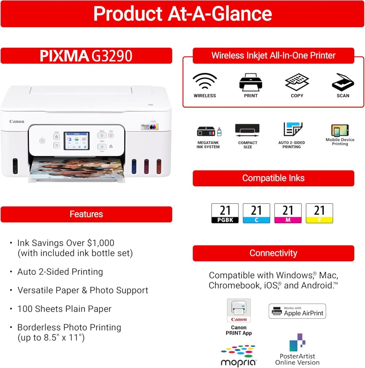 Canon Megatank G3290 All-in-One Wireless Supertank [Megatank] Printer | Print, Copy Scan | Mobile Printing |2.7" LCD Color Touchscreen | Auto Duplex - Image 3
