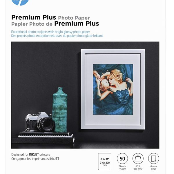 HP Premium Plus Photo Paper, Glossy, 8.5x11 in, 50 sheets (CR664A), White, Pack 1