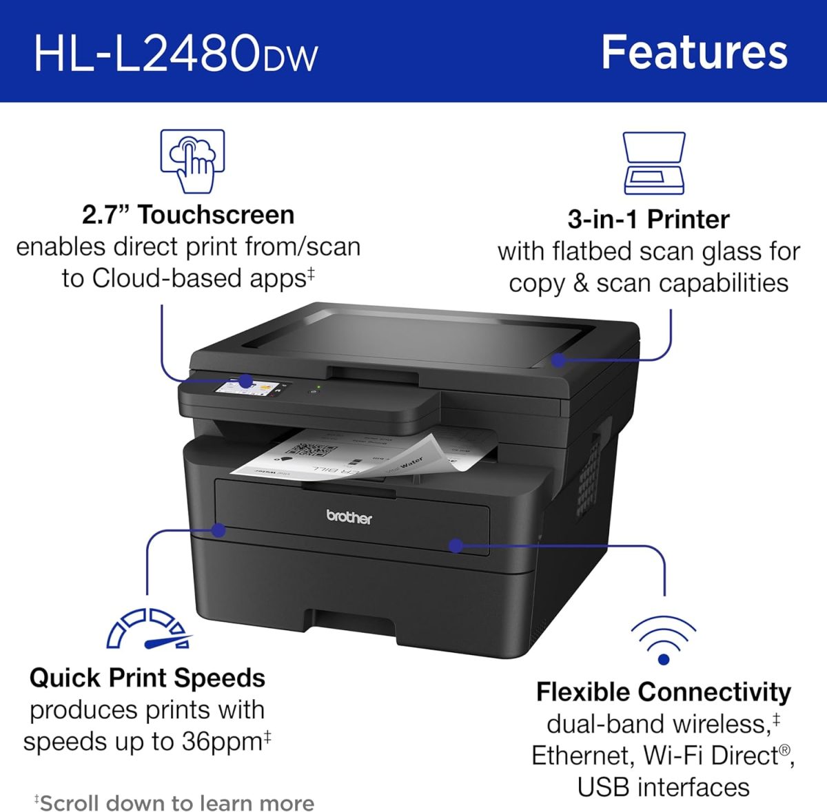 Brother HL-L2480DW Wireless Compact Monochrome Multi-Function Laser Printer with Copy and Scan, Duplex, Mobile, Black & White | Includes Refresh Subscription Trial(1), Works with Alexa - Image 3