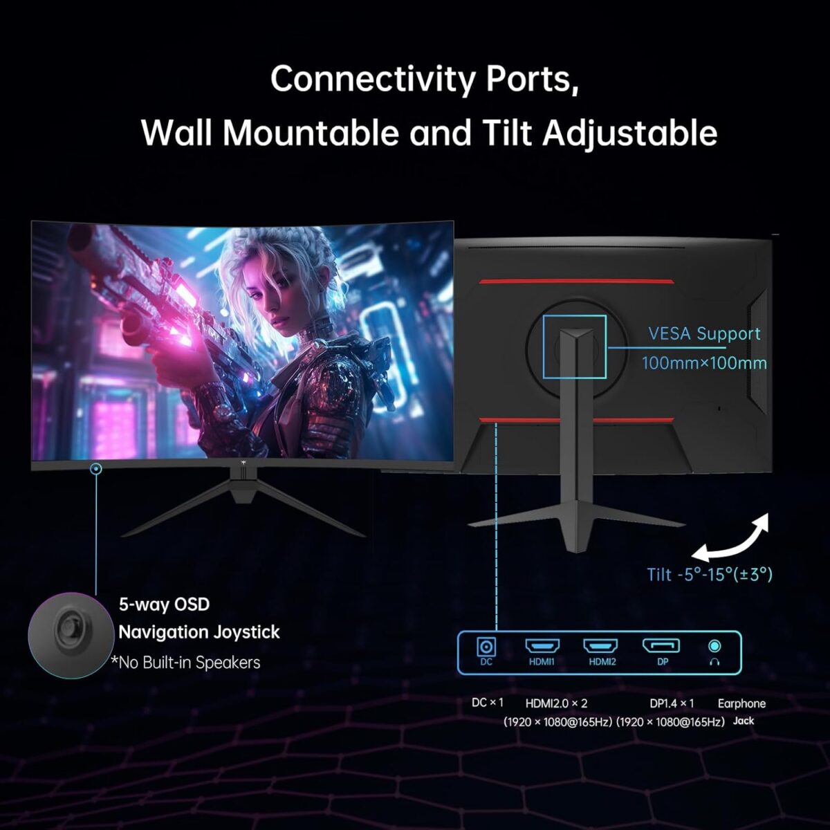 32 Inch FHD 1080p Curved Gaming Monitor - VA 1500R Curved Monitor, 165Hz 1ms MPRT, FreeSync & G-Sync, 122% sRGB, DP/HDMI, VESA, HDR10 for Gaming Home Office Business PC Monitor - Image 5