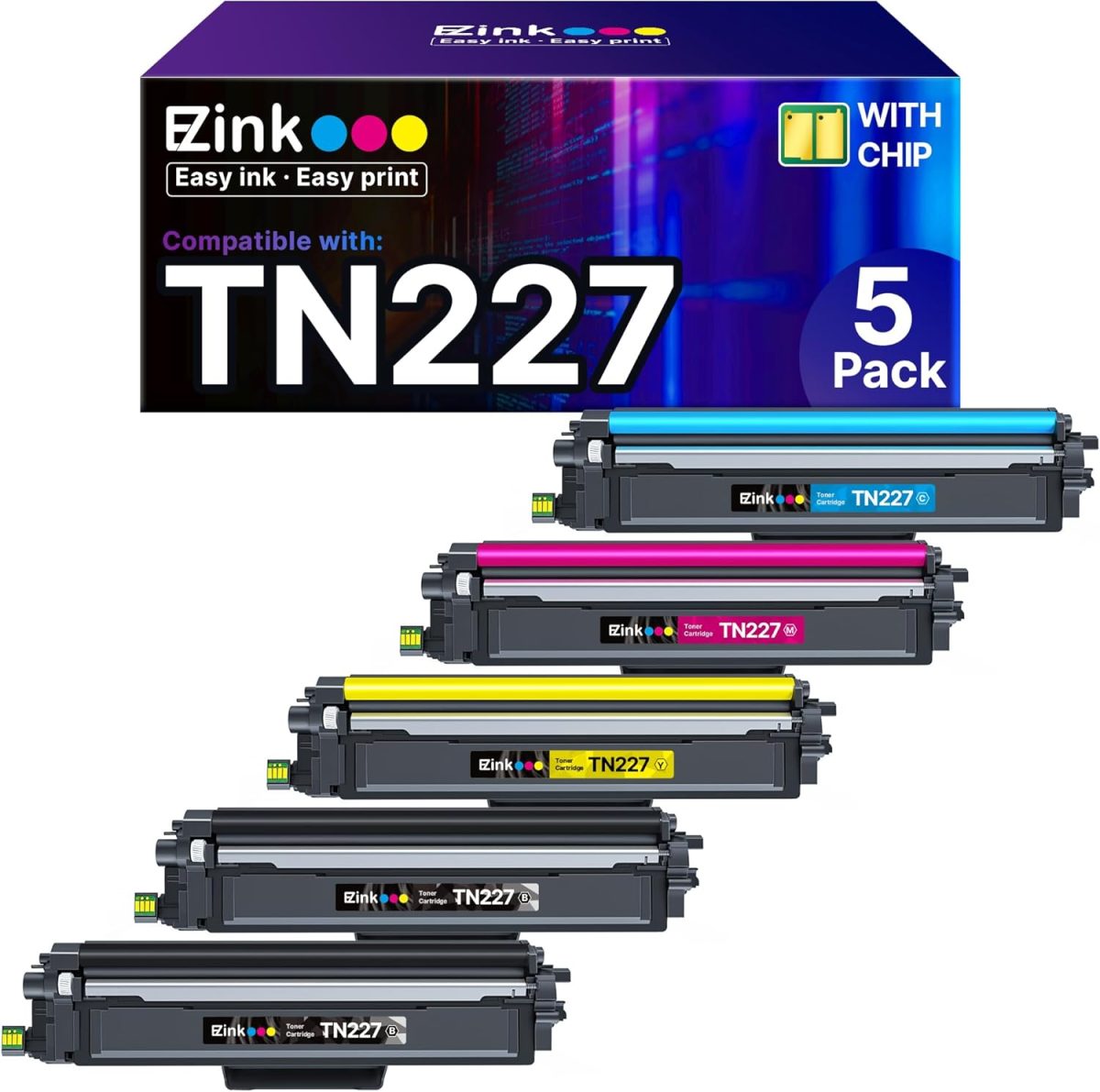 E-Z Ink TN-227 TN227 Compatible Toner Cartridge Replacement for Brother TN227 TN-227 TN227BK/C/M/Y High Yield to use with HL-L3270CDW HL-L3230CDW HL-L3210CW HL-L3290CDW MFC-L3710CDW (5 Pack) - Image 1