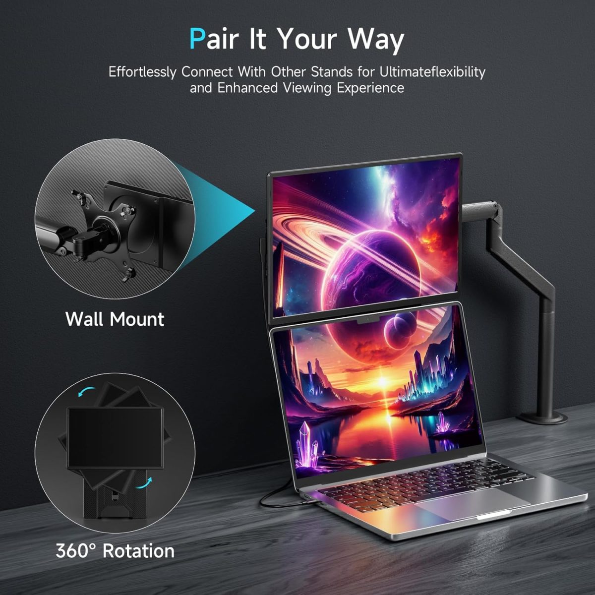 2025 Upgraded Laptop screen extender, 16.1" FHD 1200P, 360° Rotating, Plug&Play, Ultra-Thin Zero Frame, Detachable Stand, portable monitor for laptop, Travel Monitor for Laptop/PC/Mac/Phone - Image 5