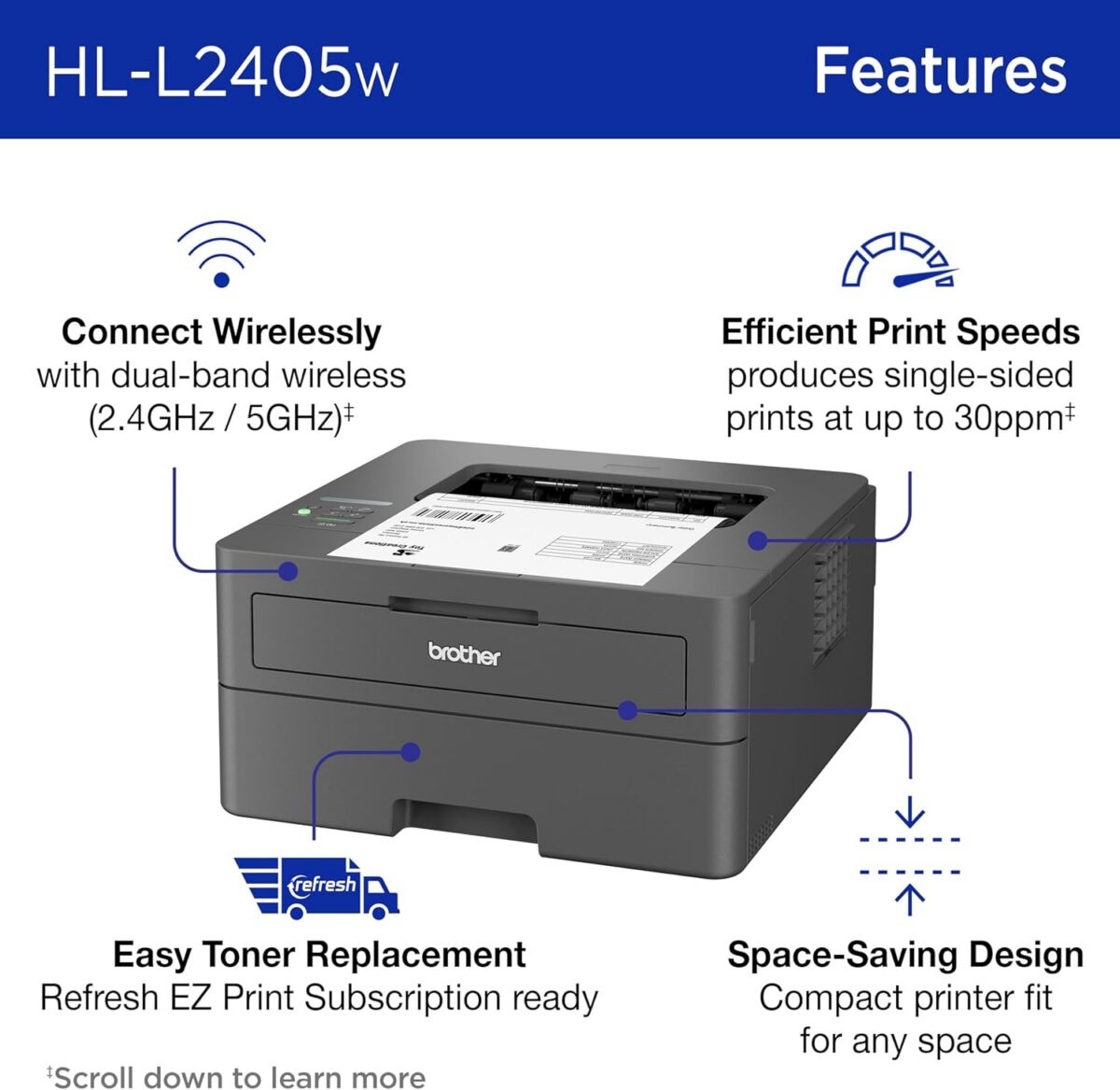 Brother HL-L2405W Wireless Compact Monochrome Laser Printer with Mobile Printing, Black & White Output | Includes Refresh Subscription Trial(1), Works with Alexa - Image 3