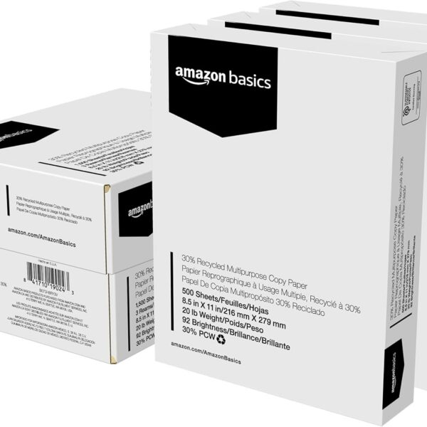 Amazon Basics 30% Recycled Multipurpose Copy Printer Paper, No Jams, 8.5-x-11-inch, 3 Reams (1500 Sheets), White