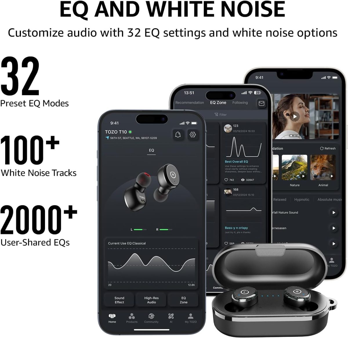 TOZO T10 True Wireless Bluetooth 5.3 Earbuds, 45H Playtime, Wireless Charging Case, IPX8 Waterproof Stereo Headphones in Ear Built in Mic Headset Premium Sound with Deep Bass, 32 Preset EQs via APP - Image 4