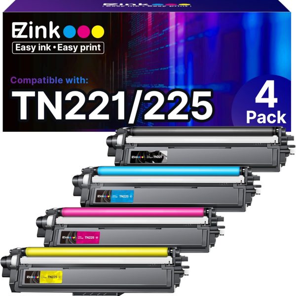 E-Z Ink Compatible Toner Cartridge Replacement for Brother TN221 TN225 Toner to Use with MFC-9130CW HL-3170CDW HL-3180CDW MFC-9340CDW MFC-9330CDW (1 Black 1 Cyan 1 Magenta 1 Yellow,4 Pack)