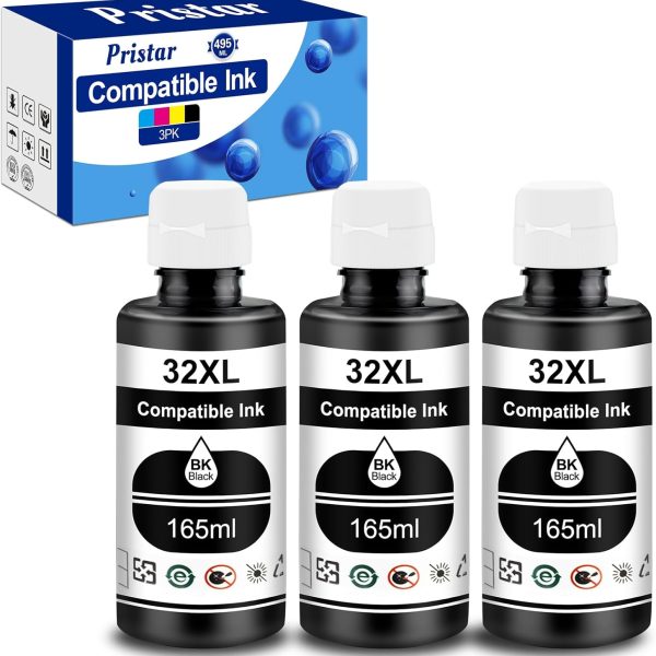 Pristar Compatible with HP 31 32XL Black Ink Bottle Set Replacement for HP Smart Tank Ink Refill 5000 5101 6001 7602 7301 7001 5102 Plus 651 551 455 457 450, 165 ML for 32XL Black Refill Bottles