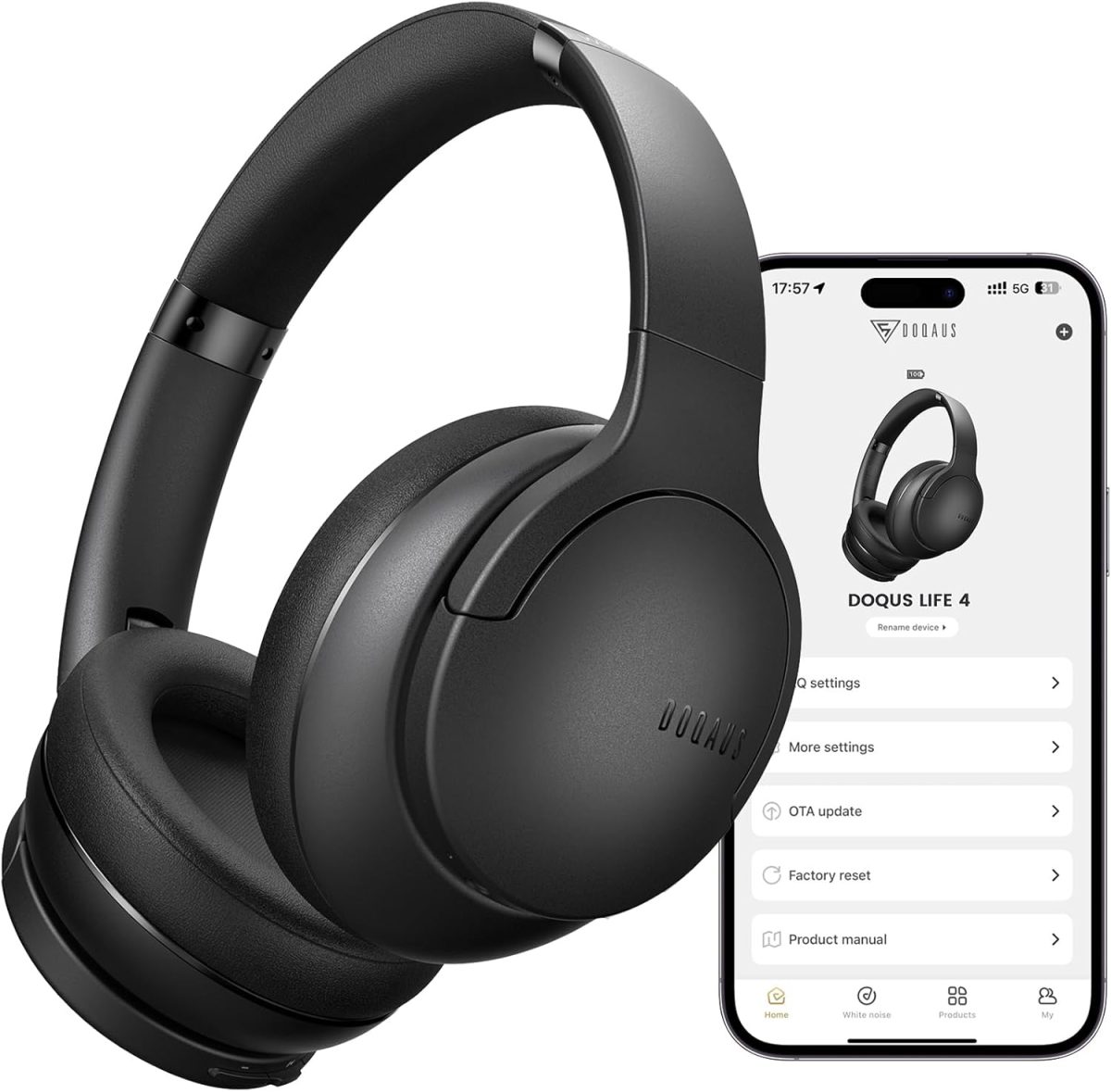 DOQAUS Over Ear Bluetooth Headphones Wireless, 90H Playtime, BT 5.4, 9 EQ Modes, HiFi Deep Bass, Movie & Sleep Mode, White Noises w/App Control, Memory Foam Cups for Travel, Gym, Workout, PC, Phone - Image 1