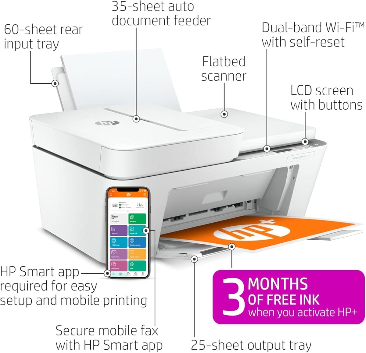 HP DeskJet 4155e Wireless Color Inkjet Printer, Print, scan, copy, Easy setup, Mobile printing, Best-for home, 3 month Instant Ink trial included, white - Image 2