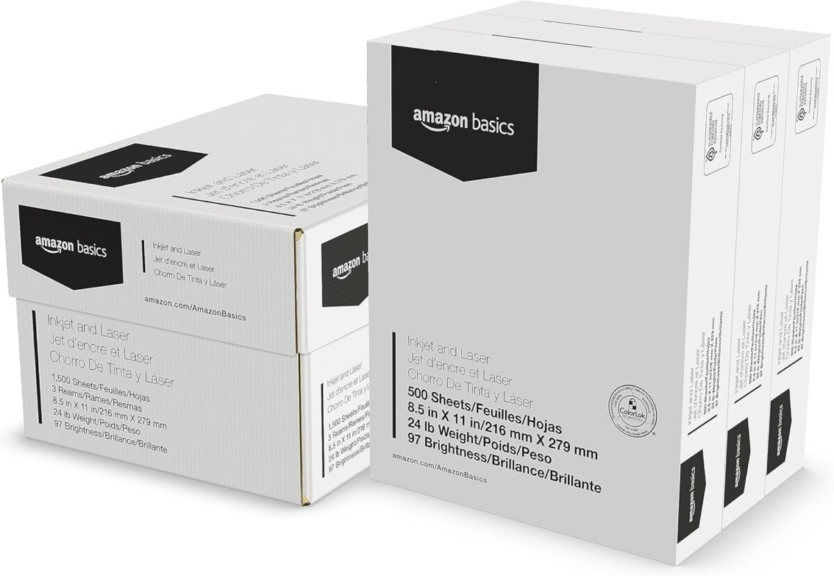 Amazon Basics Multipurpose Copy Printer Paper, 8.5-x-11-inch, 24lb, 1500 Sheets (3 Packs of 500), 97 Bright White - Image 1