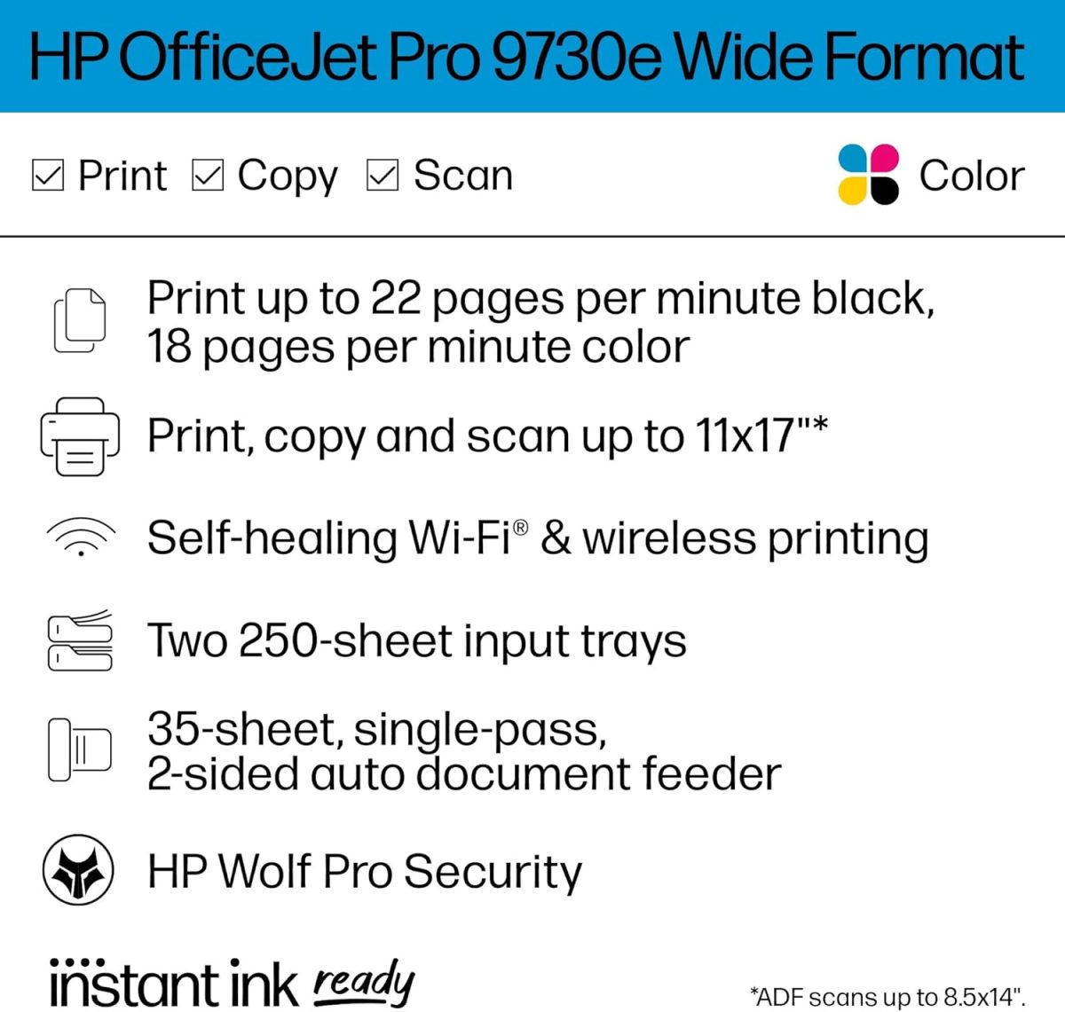 HP OfficeJet Pro 9730e Wide-Format Wireless All-in-One Color Inkjet Printer, Print, scan, Copy up to 11x17', ADF, Duplex Printing Best-for-Office, 3 Month Instant Ink Trial Included (537P6A) - Image 2