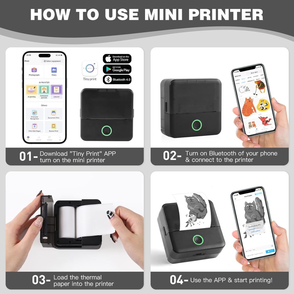Print Pods Mini Printer, Thermal Inkless Sticker Maker with 10 Rolls Printing Paper, Pocket Printpod for phone, Impresora Portátil for Notes, Flashcards, Journal, DIY, Compatible with iOS & Android - Image 4
