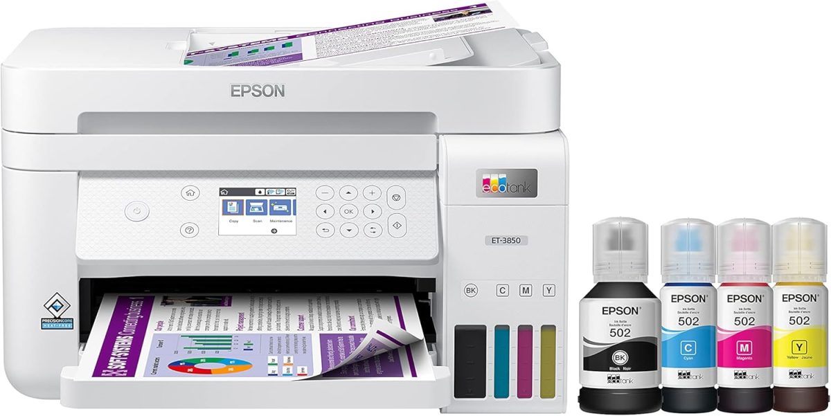 Epson EcoTank ET-3850 Wireless Color All-in-One Cartridge-Free Supertank Printer with Scanner, Copier, ADF and Ethernet – White (Renewed) - Image 1