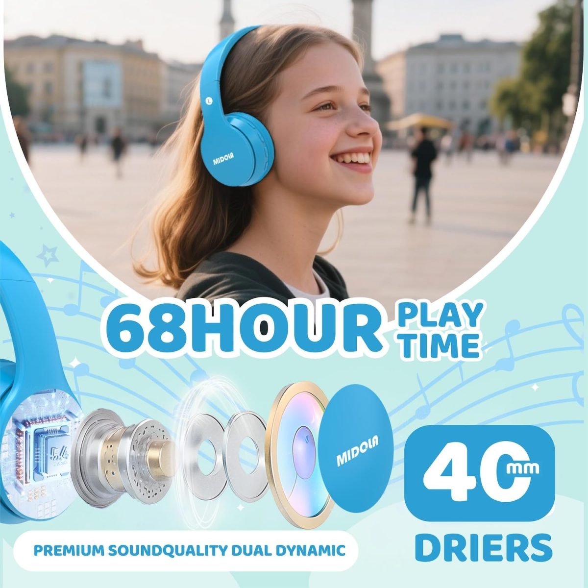 MIDOLA Kids Headphones Bluetooth 5.3 Wireless 60H Play Time Volume Limit 85/110dB Over Ear Foldable Protection Headset/Wired AUX Cord Mic for Children Boy Girl Travel School Phone Pad Tablet Blue - Image 3