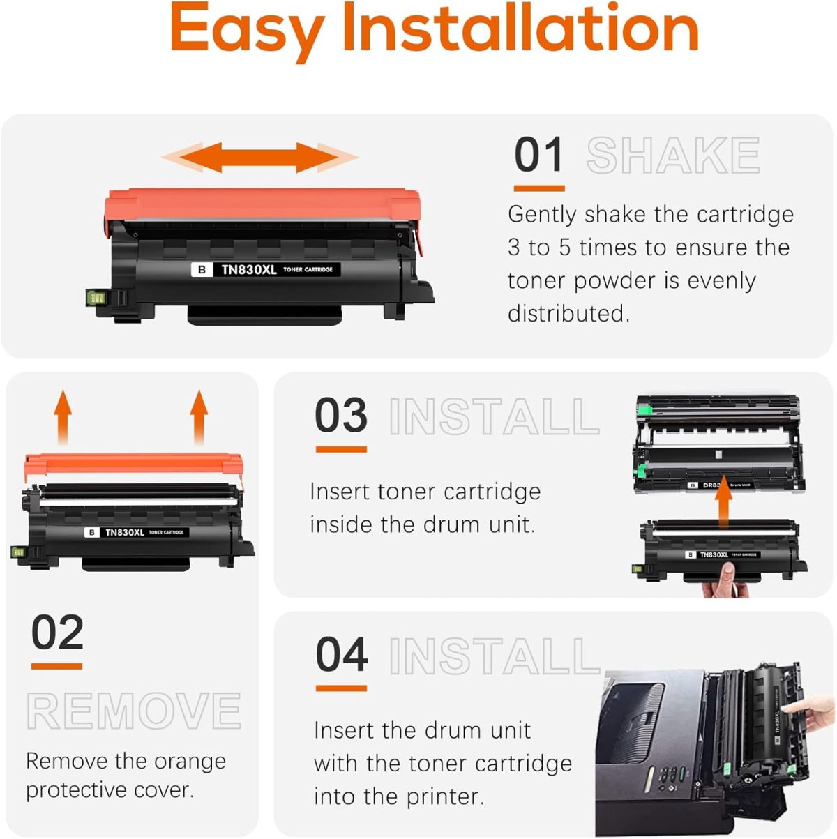 Compatible TN830XL TN830 Toner Replacement for Brother TN830XL TN830/XL/V Toner Work with HL-L2460DW HL-L2405W HL-L2400D HL-L2480DW MFC-L2820DW XL MFC-L2900DW DCP-L2640DW Printer (4 Black) - Image 6