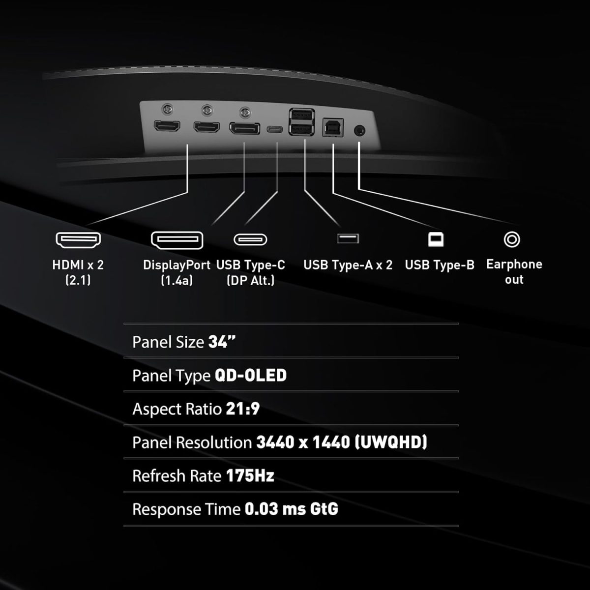 MSI MAG 341CQP QD-OLED 34" 21:9 UWQHD 175Hz Curved OLED HDR Gaming Monitor, Metallic Black - Image 4