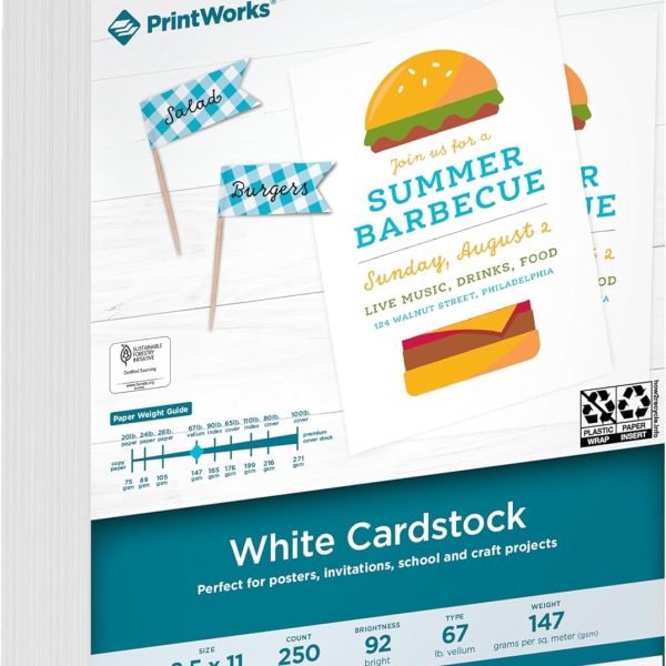 PrintWorks White Cardstock 8.5" x 11" - 67 lb/147 gsm Vellum Bristol - 250 Sheets - Made in the USA - SFI® Certified - 92 Bright - Card Stock Printer Paper for School, Craft, & Office Use (00564)