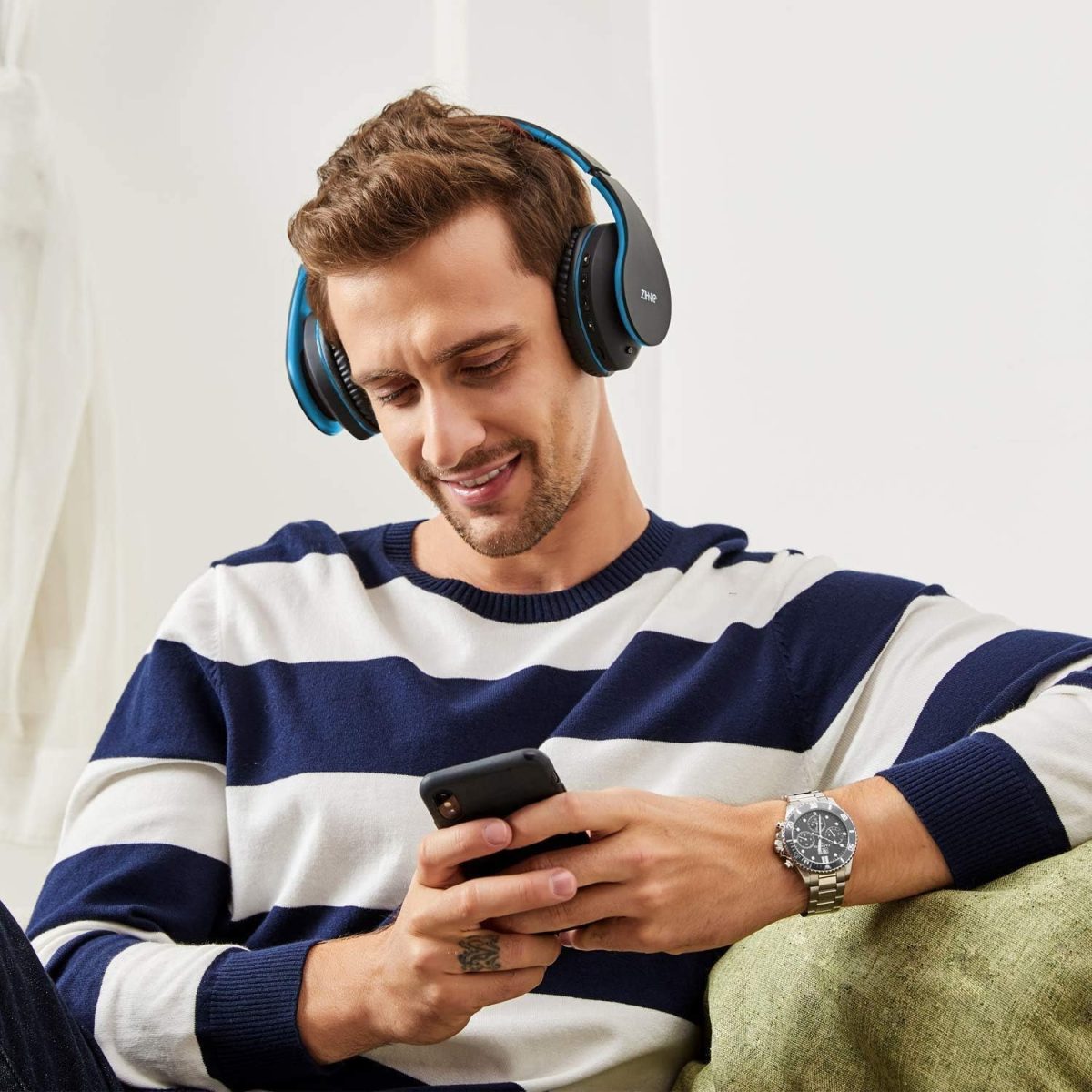 ZIHNIC Bluetooth Headphones Over-Ear, Foldable Wireless and Wired Stereo Headset Micro SD/TF, FM for Cell Phone,PC,Soft Earmuffs &Light Weight for Prolonged Wearing (Black/Blue) - Image 2