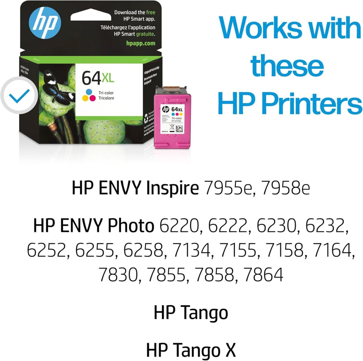 HP 64XL Tri-color High-yield Ink Cartridge for HP Printers | Works with Printer Series: ENVY Inspire 7950e; ENVY Photo 6200, 7100, 7800; Tango | Eligible for Instant Ink | N9J91AN - Image 2