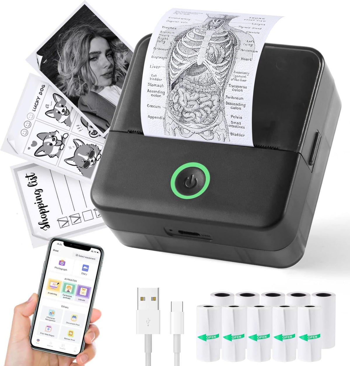 Print Pods Mini Printer, Thermal Inkless Sticker Maker with 10 Rolls Printing Paper, Pocket Printpod for phone, Impresora Portátil for Notes, Flashcards, Journal, DIY, Compatible with iOS & Android - Image 1
