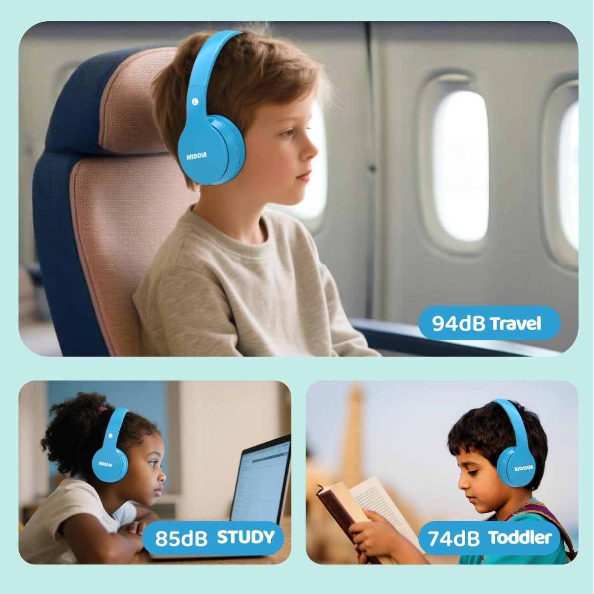 MIDOLA Kids Headphones Bluetooth 5.3 Wireless 60H Play Time Volume Limit 85/110dB Over Ear Foldable Protection Headset/Wired AUX Cord Mic for Children Boy Girl Travel School Phone Pad Tablet Blue - Image 6