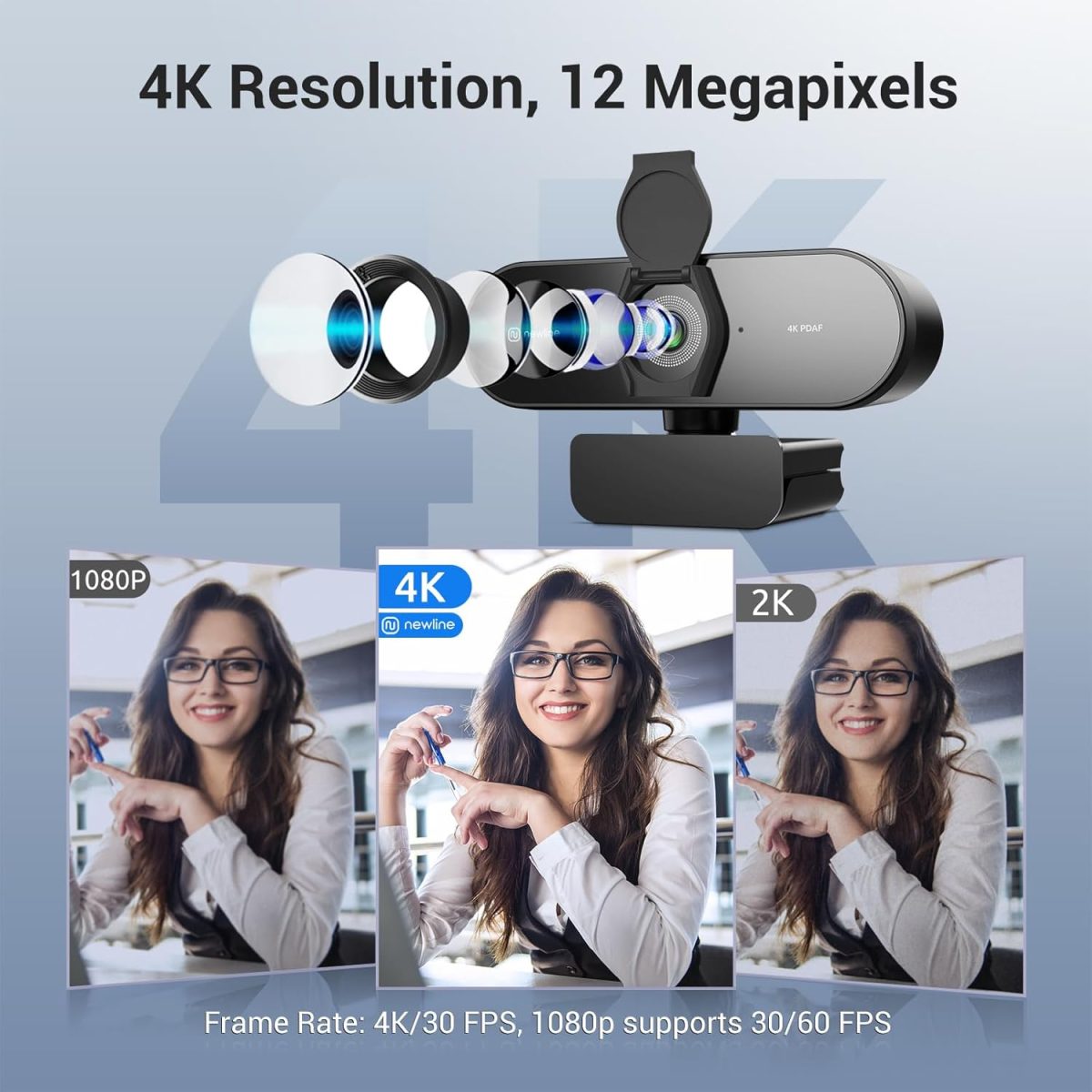 4K Webcam for PC, PDAF/CDAF Autofocus, 1080P@60FPS, 79° FOV, Auto Light Correction, 2 Noise Reduction Mics, Privacy Cover, USB-A, Streaming Camera for Skype, Teams, Online Meeting, NewEye 62 - Image 2