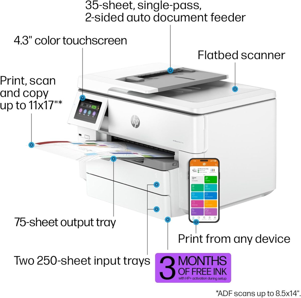 HP OfficeJet Pro 9730e Wide-Format Wireless All-in-One Color Inkjet Printer, Print, scan, Copy up to 11x17', ADF, Duplex Printing Best-for-Office, 3 Month Instant Ink Trial Included (537P6A) - Image 3