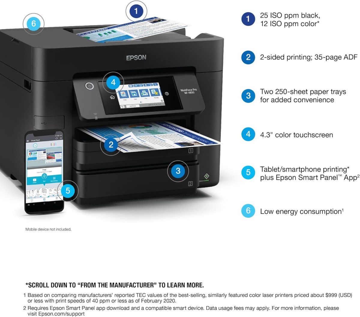 Epson Workforce Pro WF-4830 Wireless All-in-One Printer with Auto 2-Sided Print, Copy, Scan and Fax, 50-Page ADF, 500-sheet Paper Capacity, and 4.3" Color Touchscreen, Works with Alexa, Black, Large - Image 4