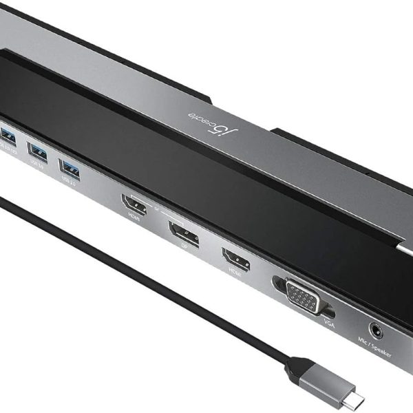 j5create USB C Docking Station- Supports up to 3 Display Simultaneously | HDMI, DisplayPort, VGA, 100W PD Fast Charging, Gigabit Ethernet | Comes with Type C Cable Compartment (JCD543)