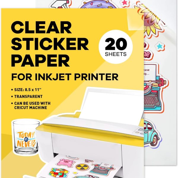 90% Clear Sticker Paper for Inkjet Printer - (20 Sheets), 8.5 x 11" Letter Size, Transparent Glossy, Printable Vinyl, Water-Resistant - Easy to Use for Creative Projects