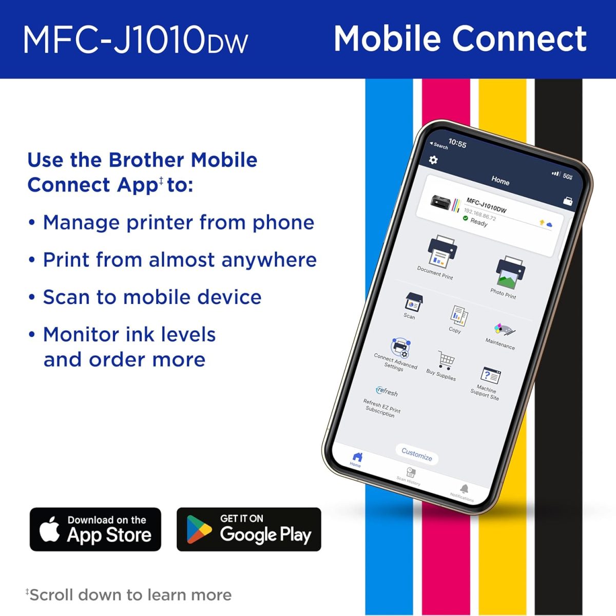 Brother MFC-J1010DW Wireless Color Inkjet All-in-One Printer with Mobile Device and Duplex Printing, Refresh Subscription and Works with Alexa - Image 5