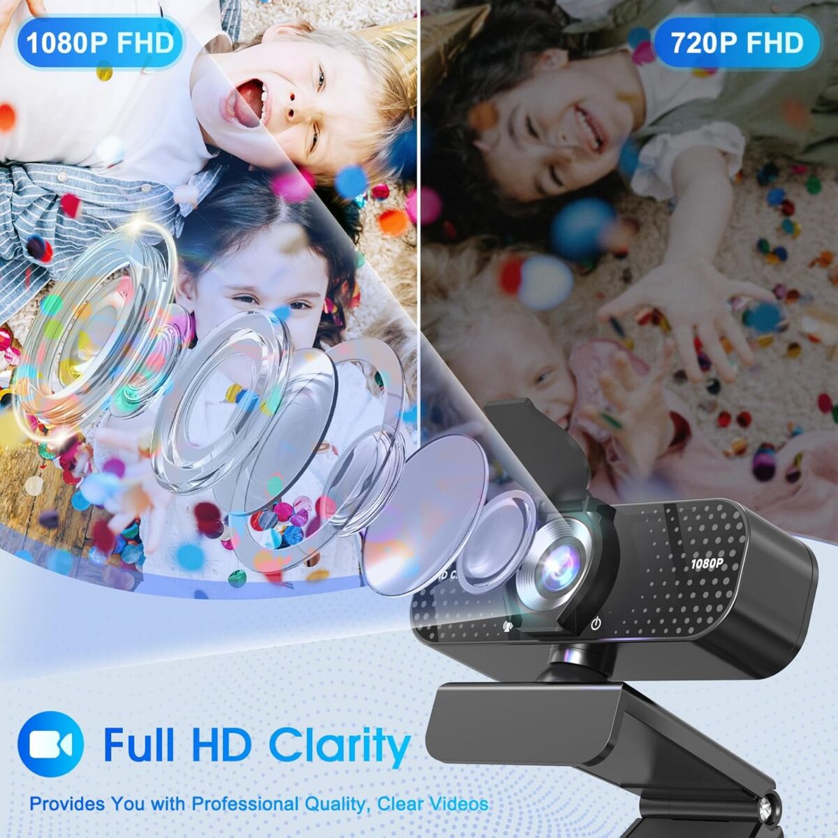 1080P HD Webcam with Microphone, Noise Cancellation, Privacy Cover, Wide-Angle Lens, Auto Light Correction, Plug & Play USB Webcam for Laptop, Desktop, PC, Mac, Zoom, Skype, Streaming Black - Image 2