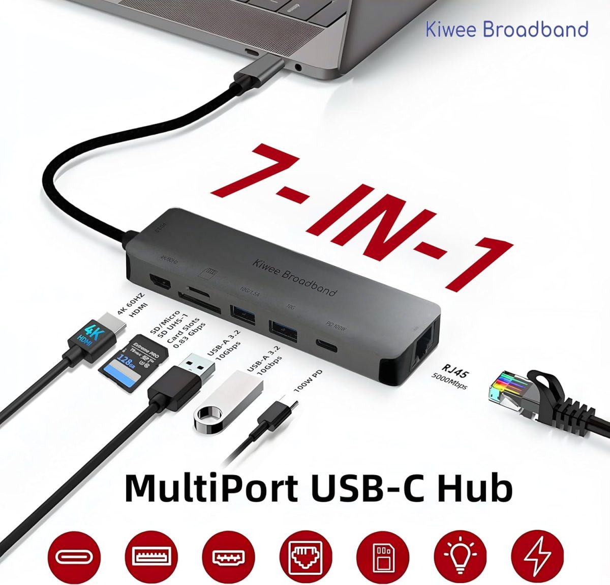7-in-1 USB-C Hub with 5Gbps Ethernet, 100W PD Charging, 4K HDMI, 2 USB-A 3.2 Ports, SD/MicroSD Card Reader, Universal Dock for MacBook, Windows Laptop, iPad Pro, Chromebook (KB-USBC-5GH7) - Image 2