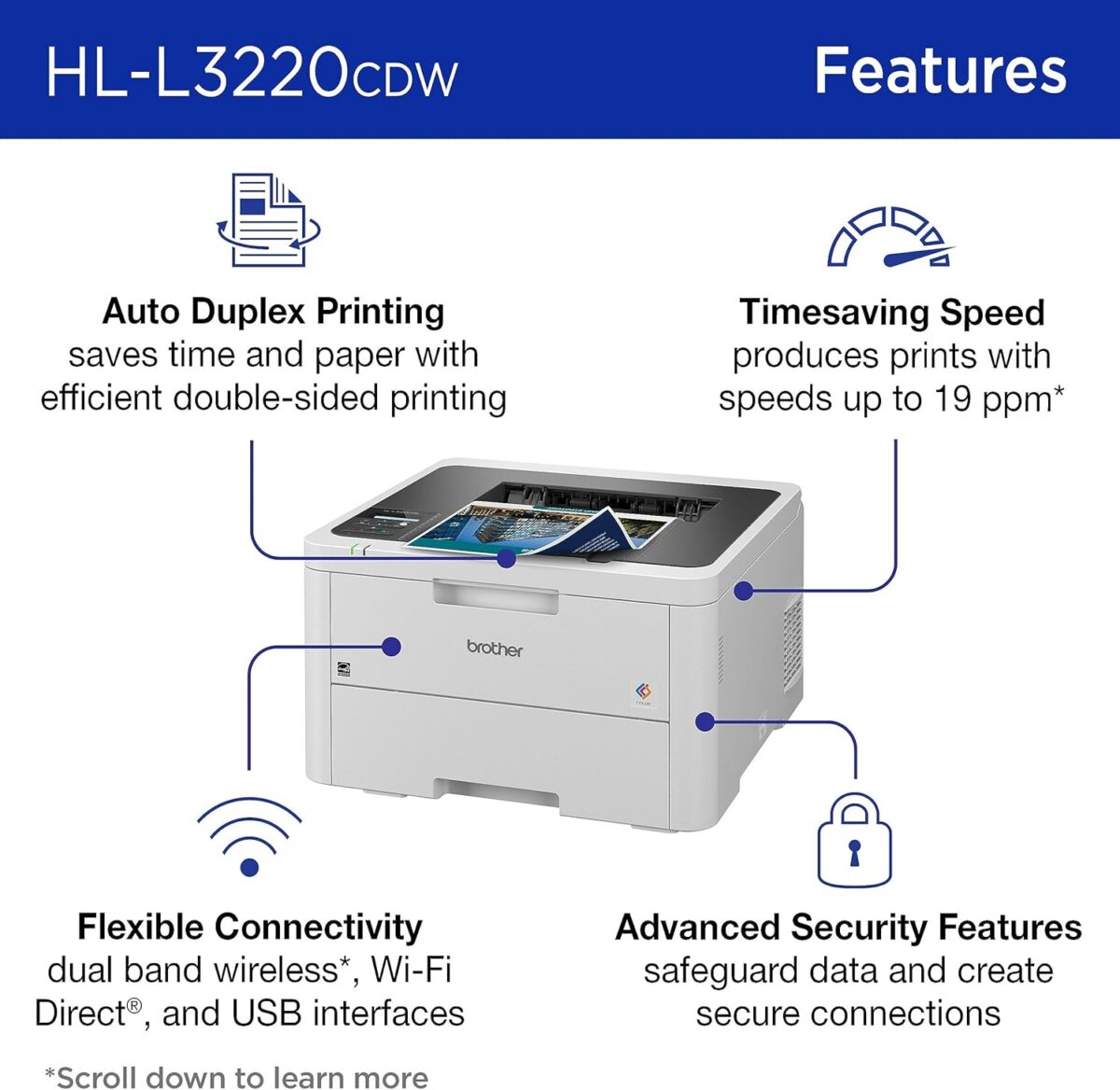 Brother Color Laser Printer with Wireless Printing Fast 19 PPM Output, Duplex Feature, Mobile Device Compatible, 250-Sheet Paper Tray for Professional Home Office Printing (HL-L3220CDW) - Image 3