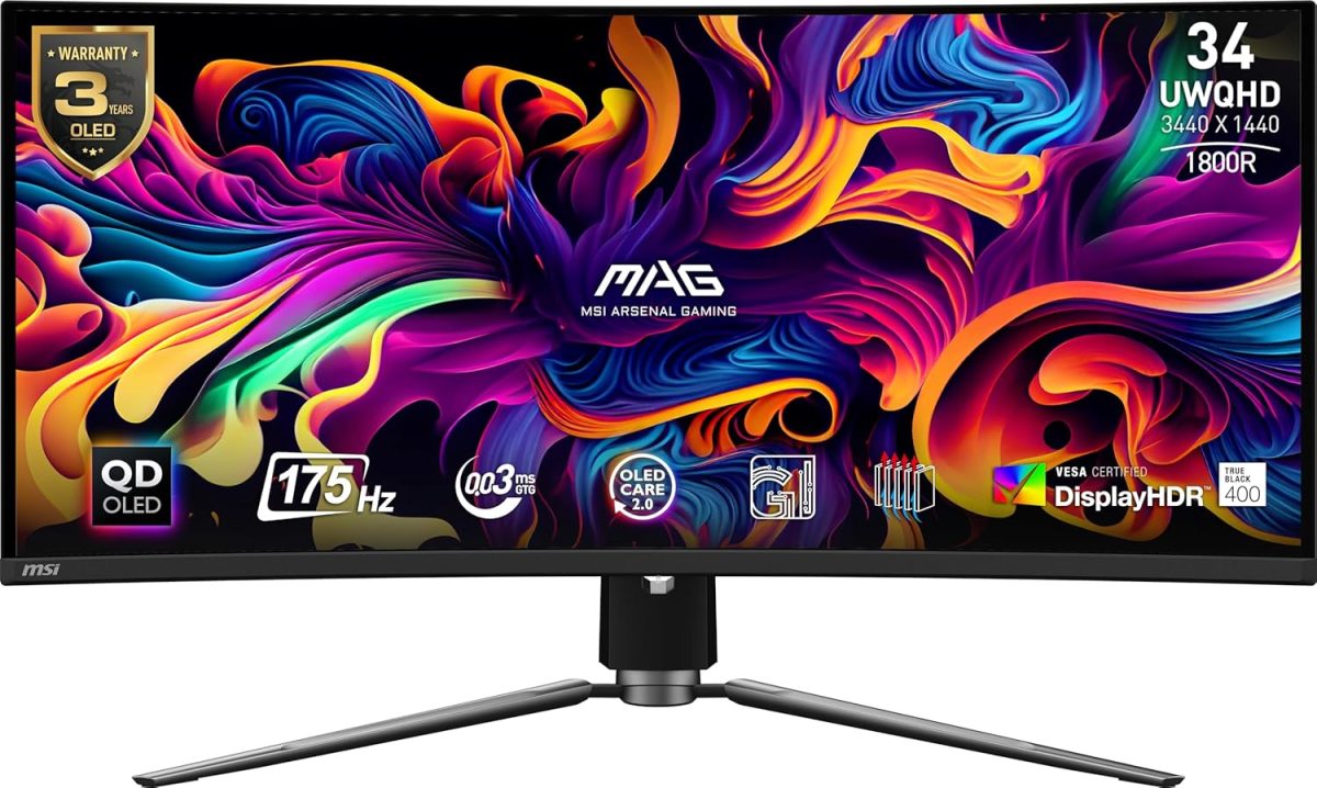 MSI MAG 341CQP QD-OLED 34" 21:9 UWQHD 175Hz Curved OLED HDR Gaming Monitor, Metallic Black - Image 1