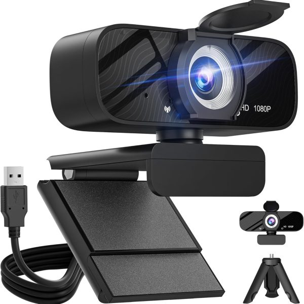 Full HD 1080P Video Webcam and Wide Angle Camera with Built-in Microphone and Rotatable Tripod,for Laptop Computer or Desktop PC,Great for Live Streaming.Calls.Video Conferencing(Black)-1