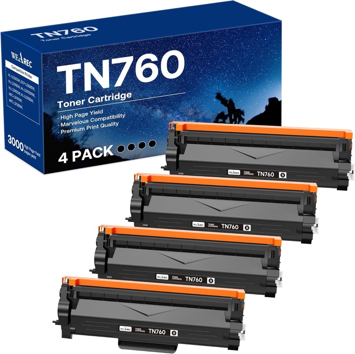Compatible Toner Cartridge Replacement for Brother TN760 TN-760 TN730 with HL-L2350DW HL-L2370DW MFC-L2750DW DCP-L2550DW Printer (Black 4 Pack) - Image 1