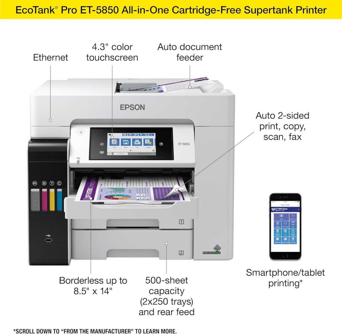 Epson EcoTank Pro ET-5850 Wireless Color All-in-One Supertank Printer with Scanner, Copier, Fax and Ethernet, White - Image 5