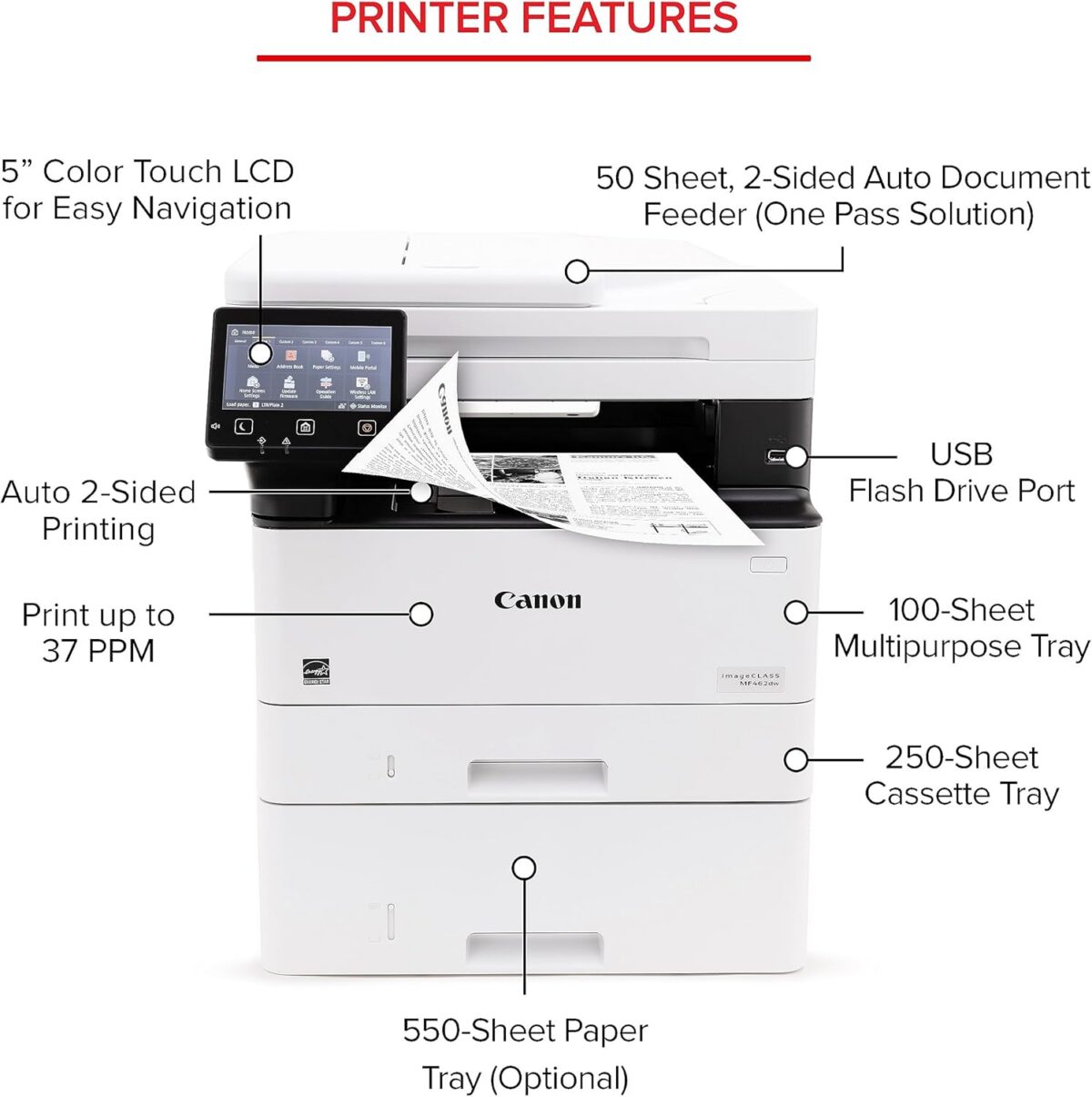 Canon imageCLASS MF462dw - Monochrome, Duplex Wireless Laser Printer, All-in-One with Scanner, Copier, Fax, Home or Office, Auto Document Feeder, Mobile Ready, 3 Year Limited Warranty, 37 PPM, White - Image 4