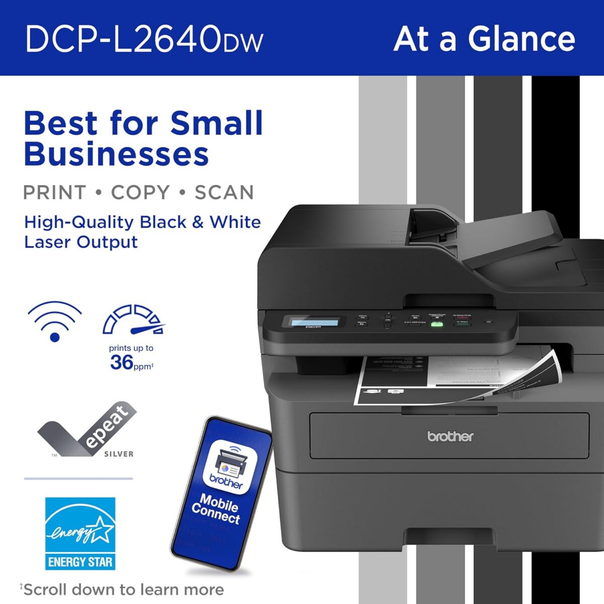 Brother DCP-L2640DW Wireless Compact Monochrome Multi-Function Laser Printer with Copy and Scan, Duplex, Mobile, Black & White | Includes Refresh Subscription Trial(1), Works with Alexa - Image 2