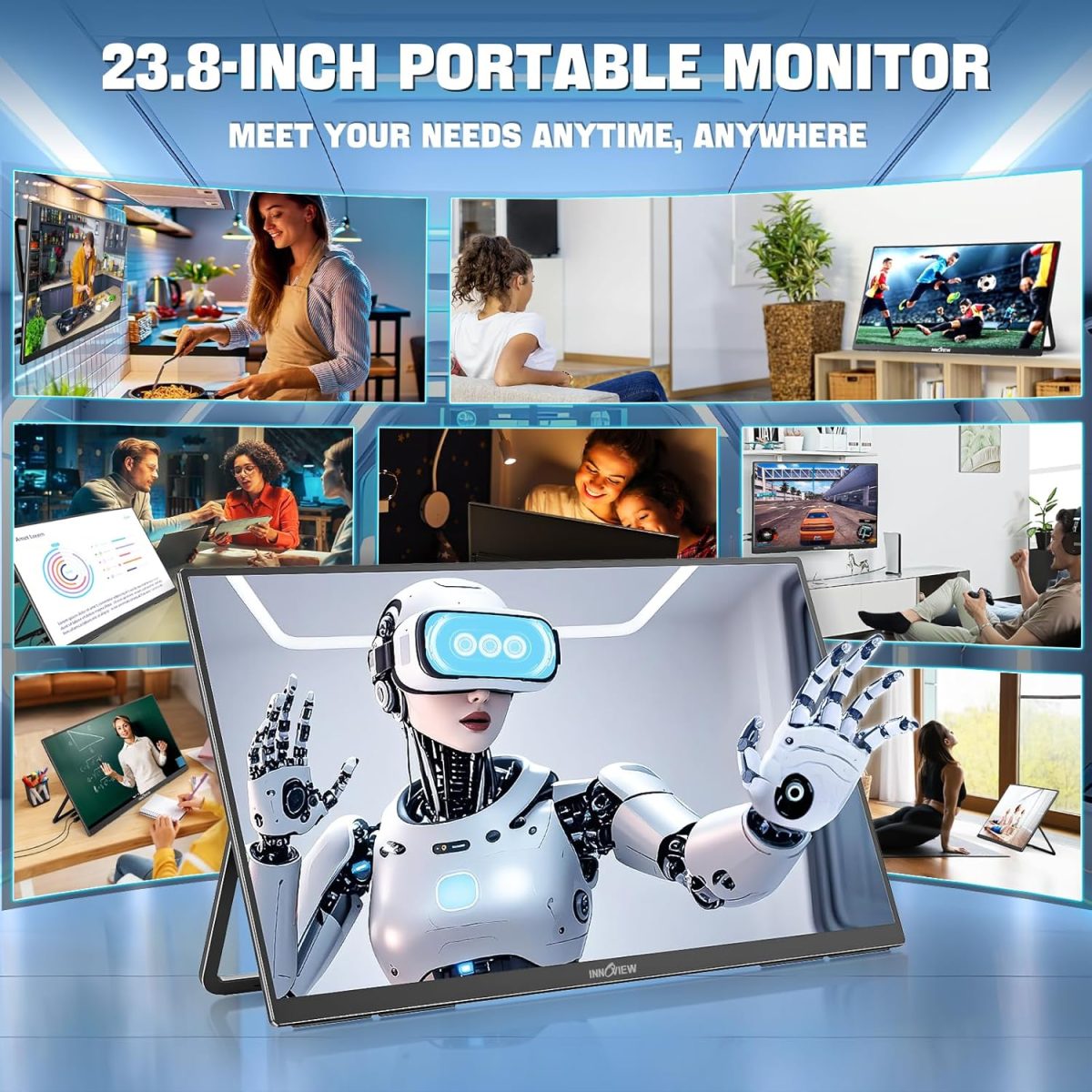 InnoView 23.8" Large Portable Monitor, FHD 100HZ 100% SRGB IPS USB-C HDMI Work Home Gaming Second Monitor 1080P W/180°Adjustable Stand for Laptop, MacBook, Phones - Image 6