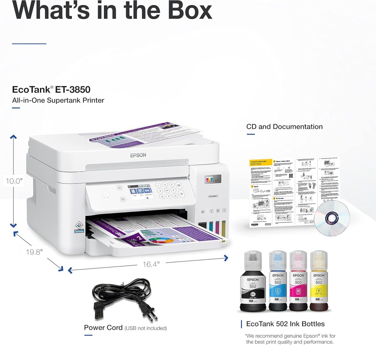 Epson EcoTank ET-3850 Wireless Color All-in-One Cartridge-Free Supertank Printer with Scanner, Copier, ADF and Ethernet – White (Renewed) - Image 4