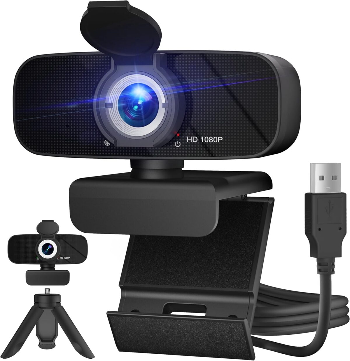 Full HD 1080P Webcam with Microphone and Rotatable Tripod, Light Correction, Wide Angle and Plug and Play Video Camera for Desktop PC or Laptop - Image 1