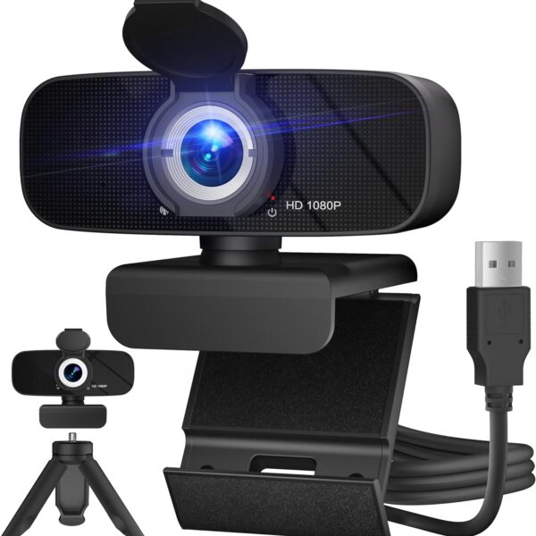 Full HD 1080P Webcam with Microphone and Rotatable Tripod, Light Correction, Wide Angle and Plug and Play Video Camera for Desktop PC or Laptop