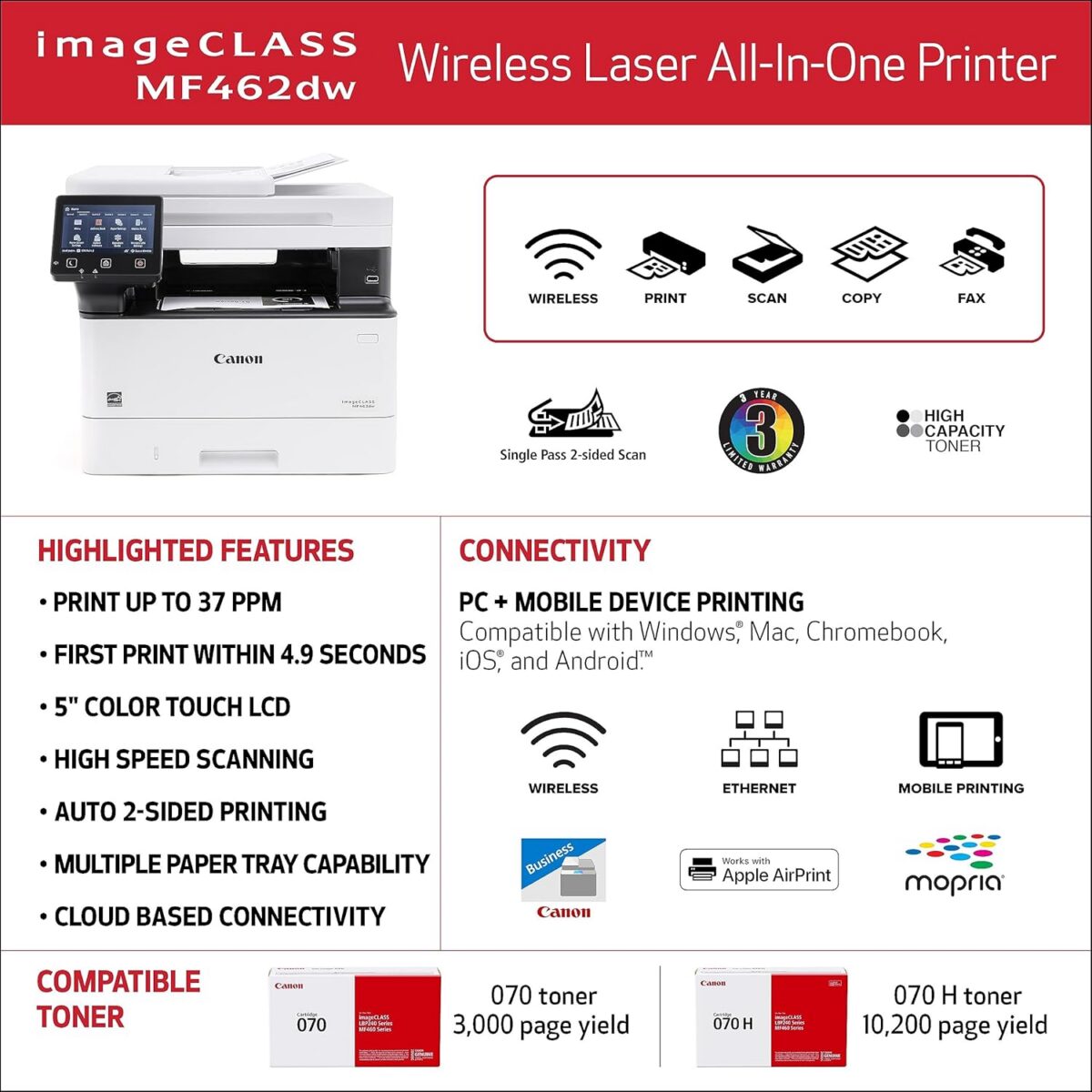 Canon imageCLASS MF462dw - Monochrome, Duplex Wireless Laser Printer, All-in-One with Scanner, Copier, Fax, Home or Office, Auto Document Feeder, Mobile Ready, 3 Year Limited Warranty, 37 PPM, White - Image 6