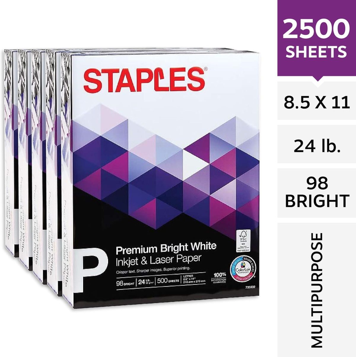 Staples Inkjet Paper – 8.5” x 11” Multipurpose, 24 lbs, 98Bright, 5-Reams/Carton - Image 2