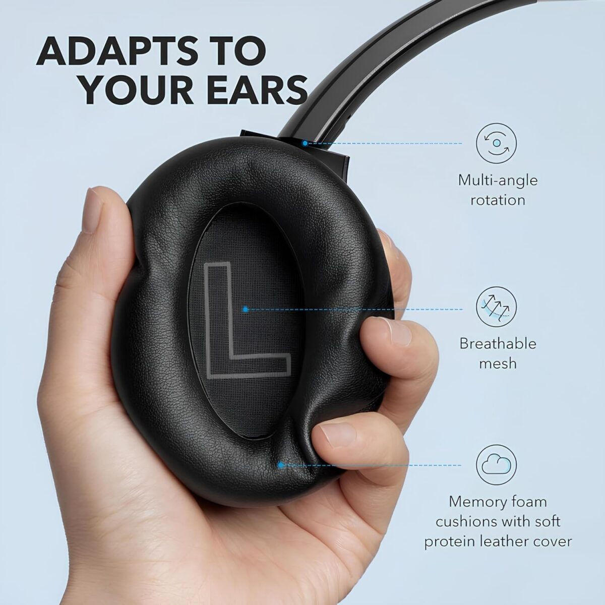 Soundcore Anker Life Q20 Hybrid Active Noise Cancelling Headphones, Wireless Over Ear Bluetooth Headphones, 70H Playtime, Hi-Res Audio, Deep Bass, Memory Foam Ear Cups, Travel, Office, USB-C Charging - Image 5