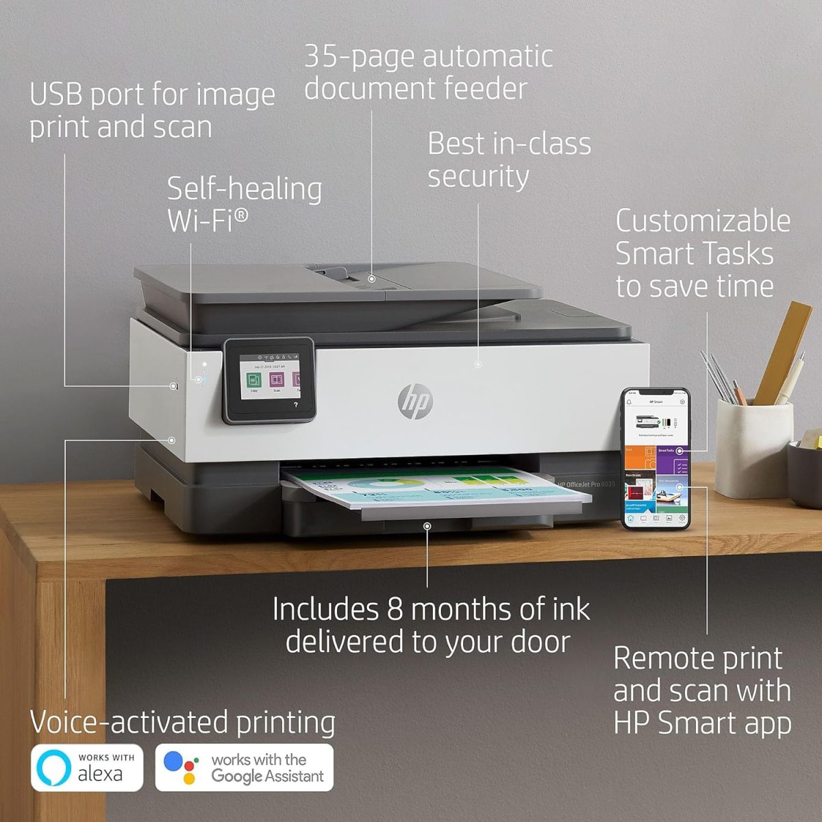 HP OfficeJet Pro 8035 All-in-One Wireless Printer - Includes 8 Months of Ink, HP Instant Ink, Works with Alexa - Basalt (5LJ23A) - Image 2